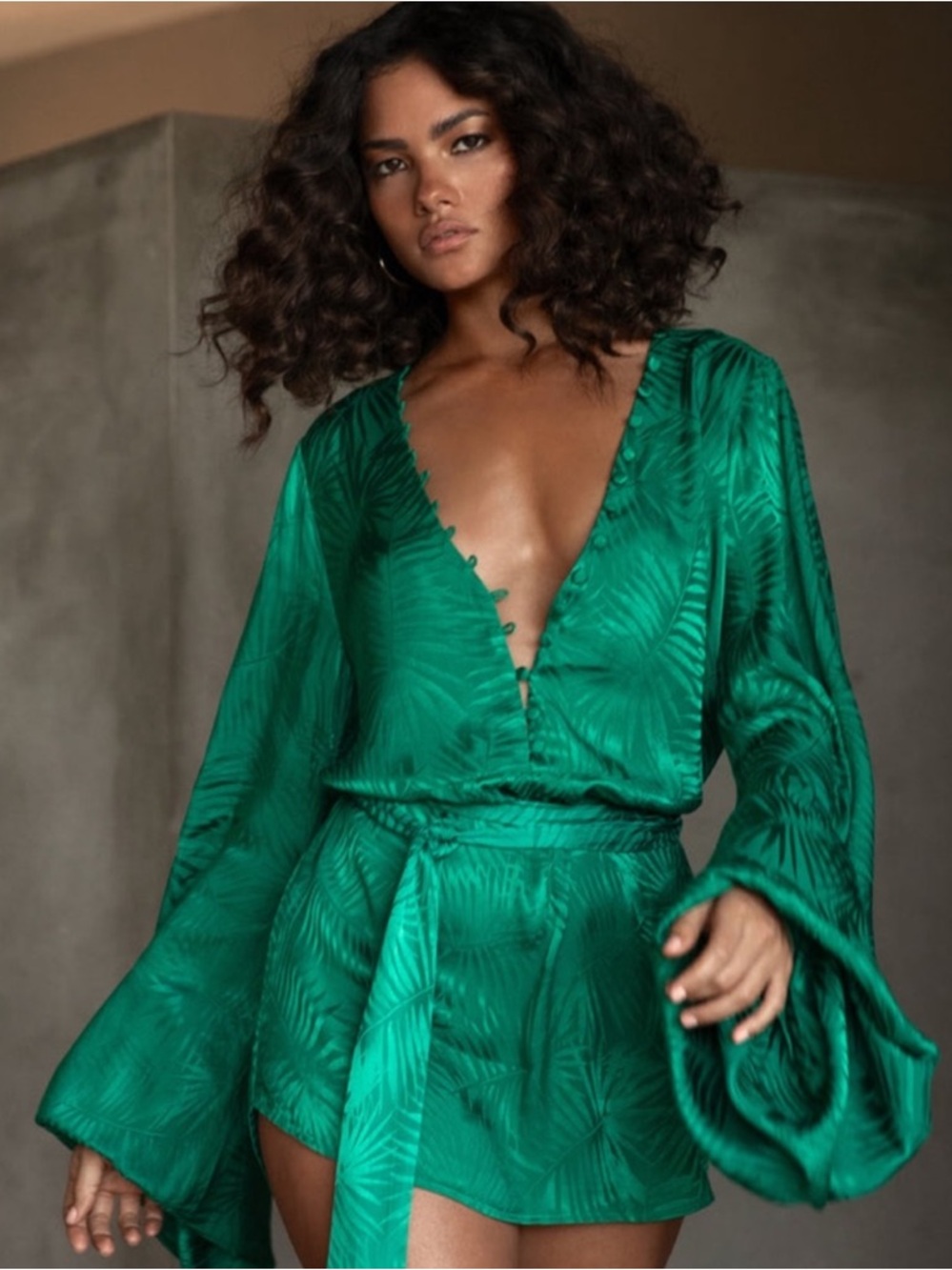 Rat & Boa Emerald Green Ruffled Satin Wrap Romper